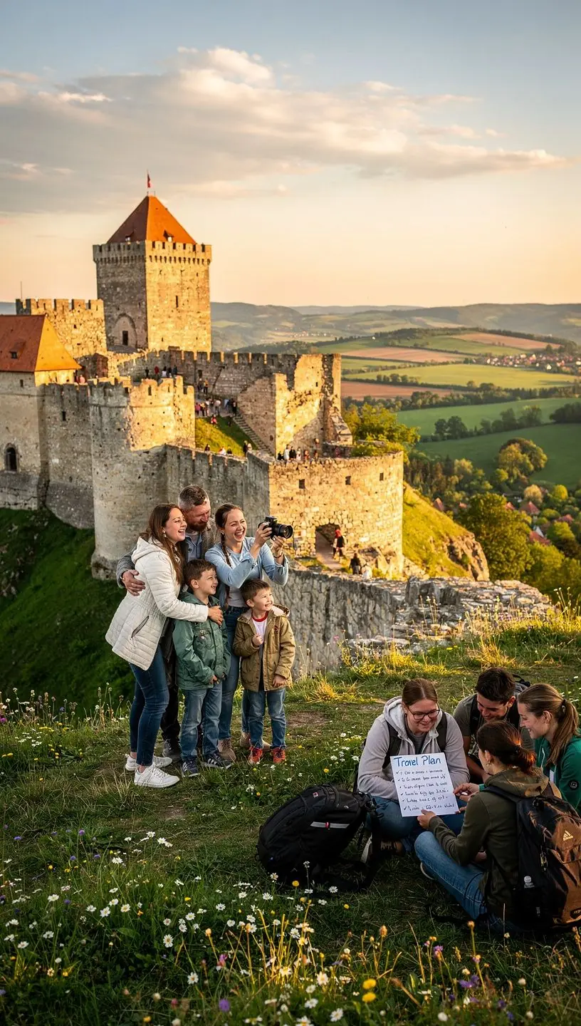 A family hiking along a scenic trail in Slovak Paradise National Park surrounded by towering cliffs.