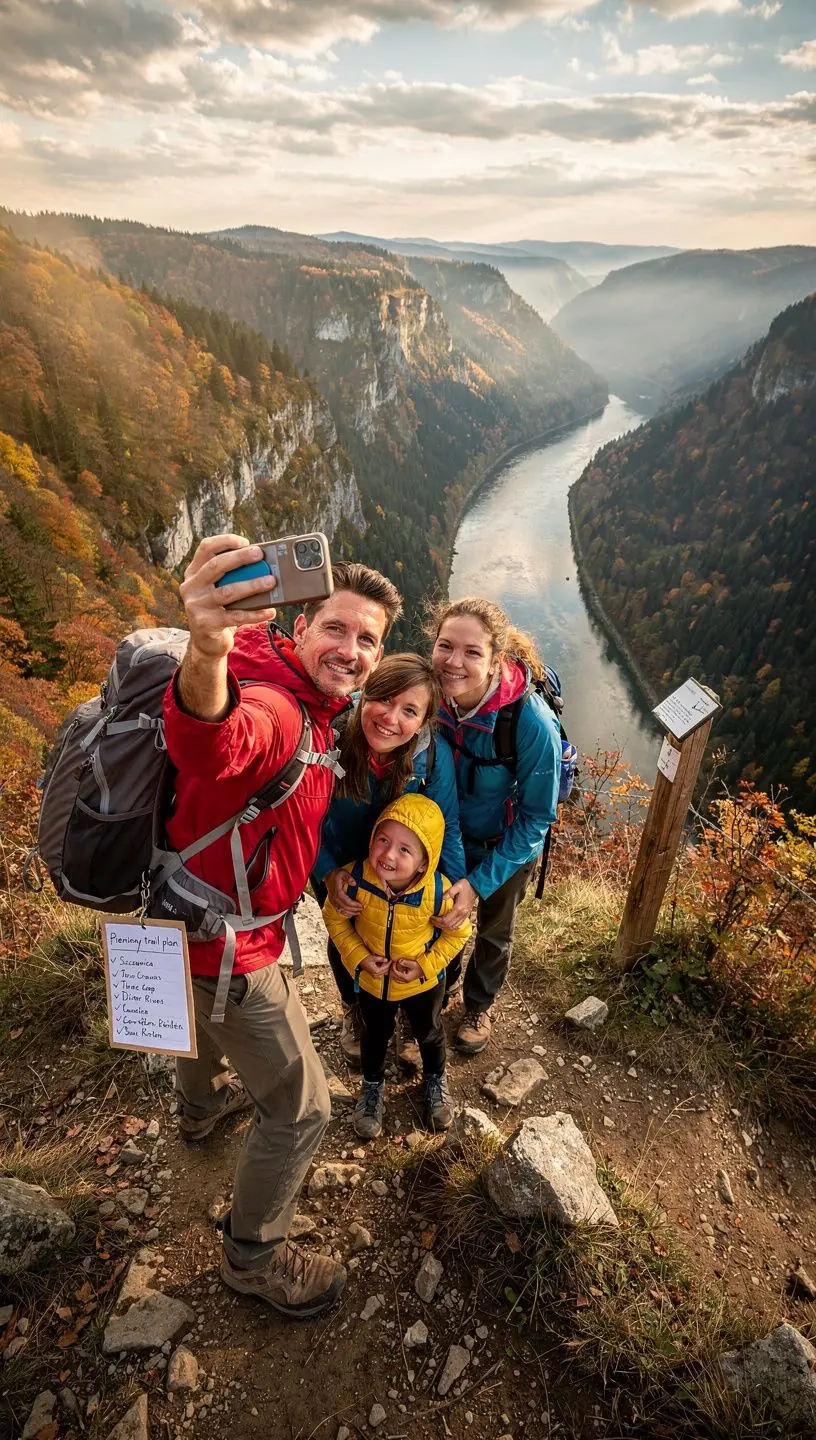 A detailed packing checklist displayed on a picnic blanket, with nature in the background.